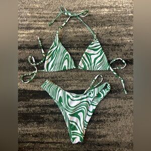 Green/White High Cut Triangle Bikini